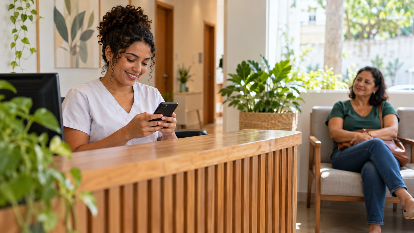 Recepcionista de uma clínica sorrindo enquanto envia mensagens pelo celular no balcão, com uma paciente aguardando ao fundo