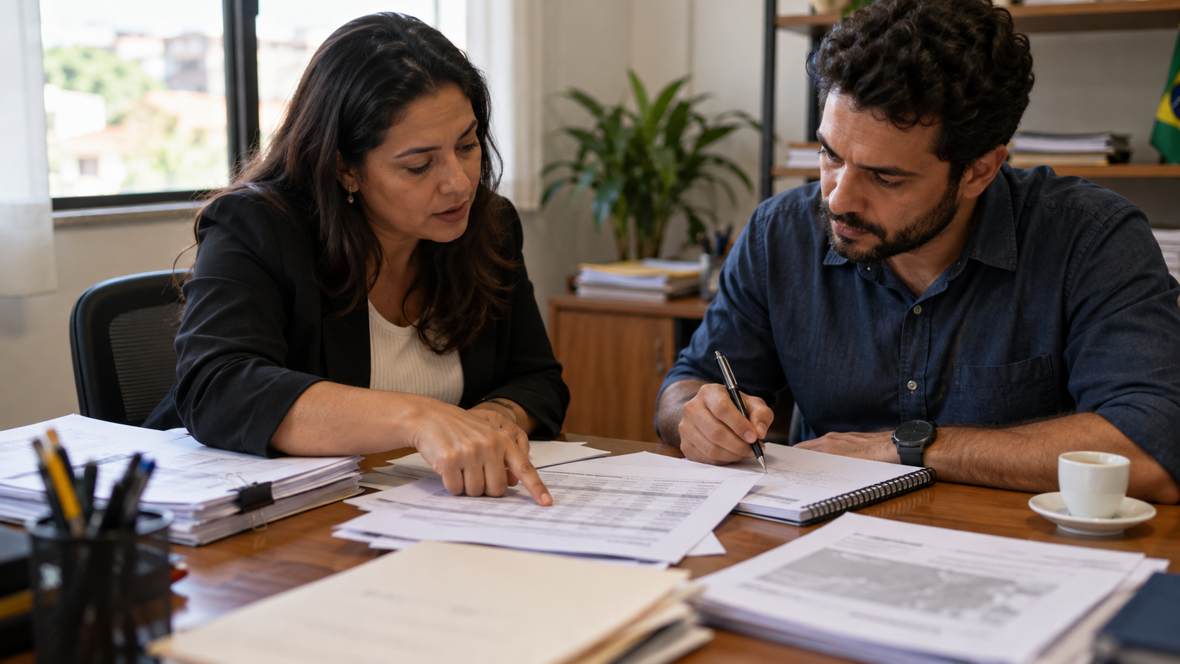 Duas pessoas numa sala de trabalho conferindo documentos impressos de uma licitação, uma apontando uma tabela de preços e a outra fazendo anotações