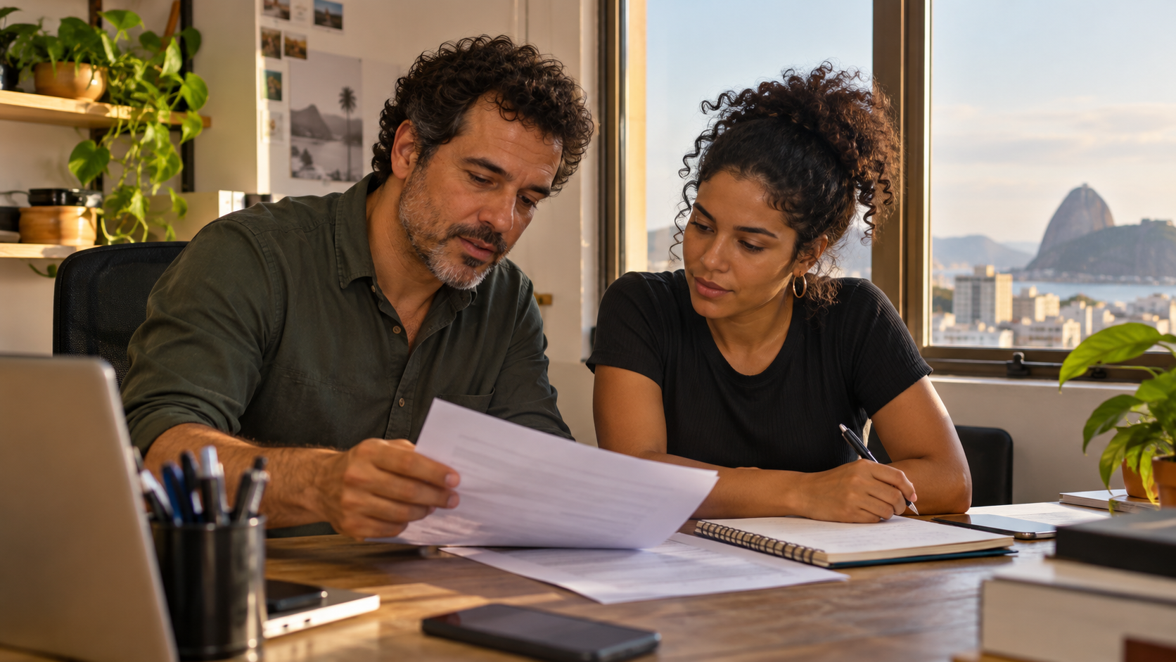 Dono e funcionária de uma pequena empresa revisando documentos e anotações sobre uma licitação numa mesa de escritório