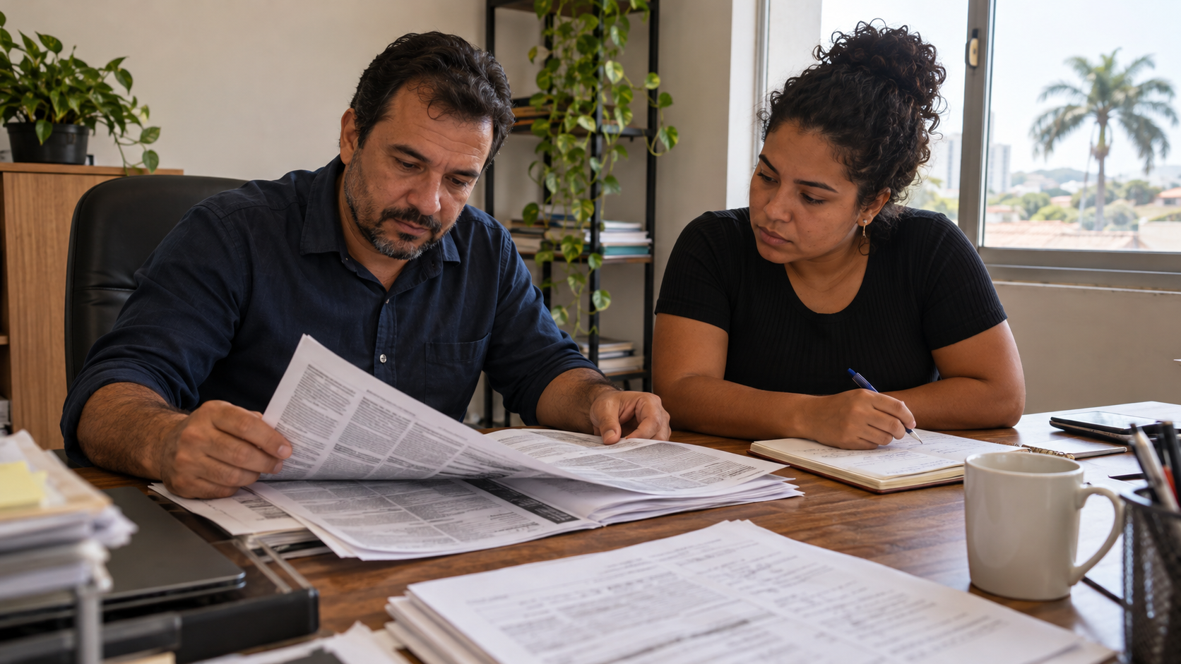 Dono e funcionária de uma pequena empresa analisando páginas impressas e anotações num caderno, em uma mesa de escritório com luz natural