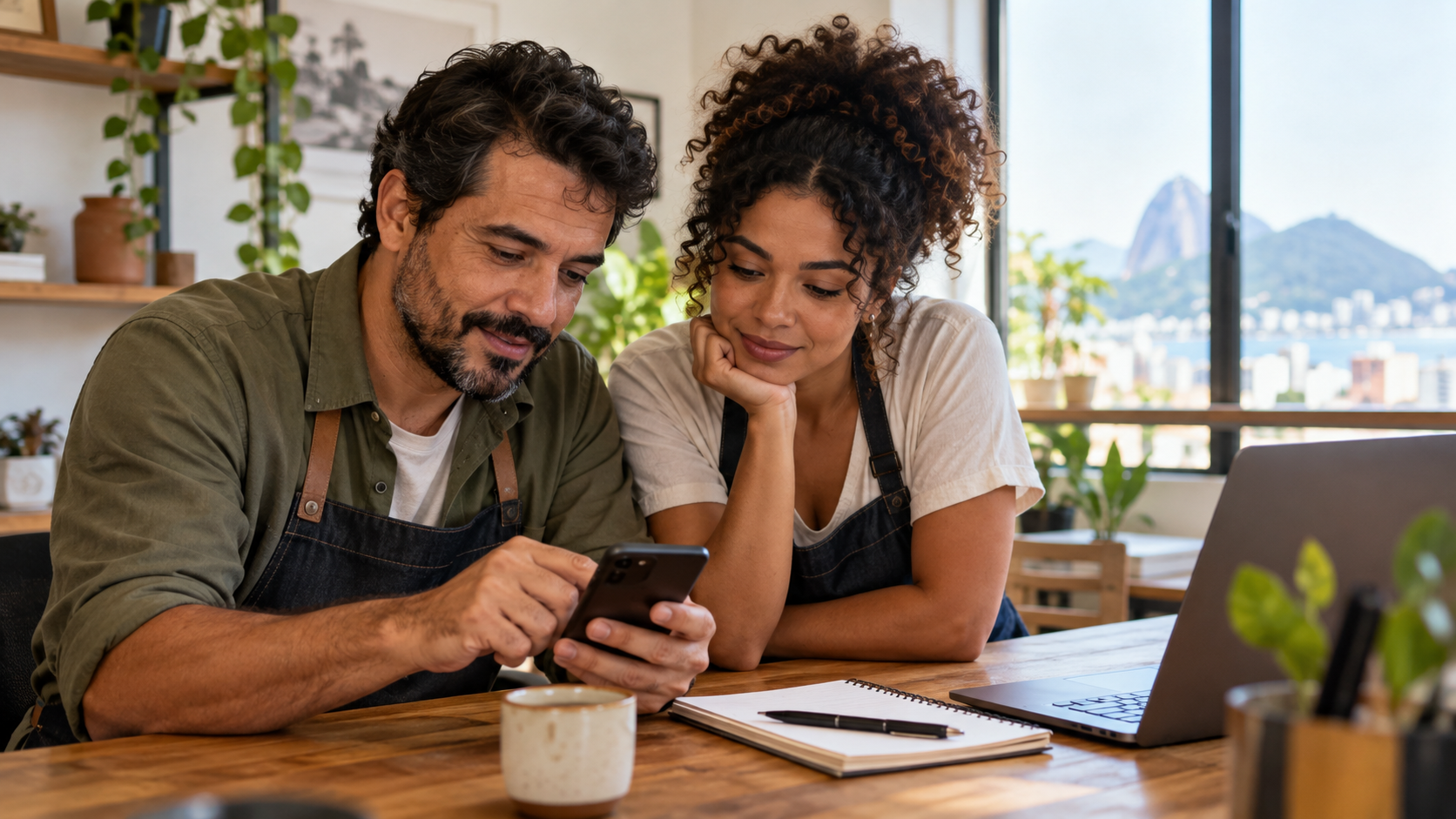 Dono e funcionária de uma pequena empresa conferem oportunidades de licitação no celular, sentados numa mesa de escritório com caderno e café