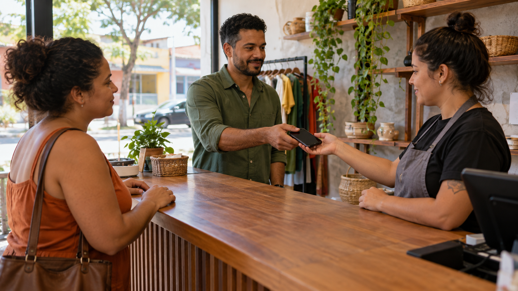 Gerente de uma loja entregando o celular de trabalho para uma colega no balcão, com um cliente esperando ao lado