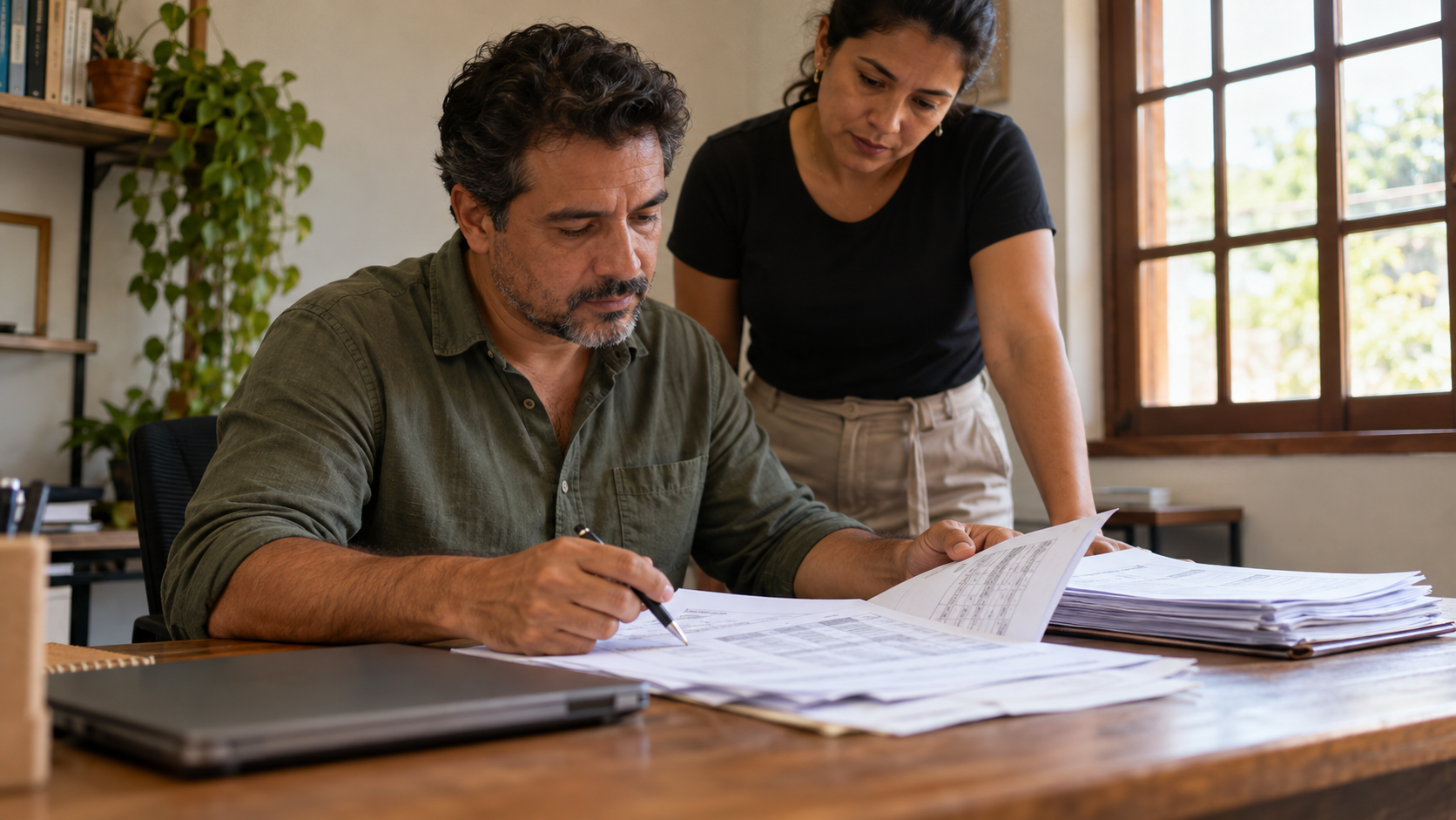 Empresário e colaboradora analisando tabelas impressas de preços e documentos sobre uma mesa de escritório com luz natural