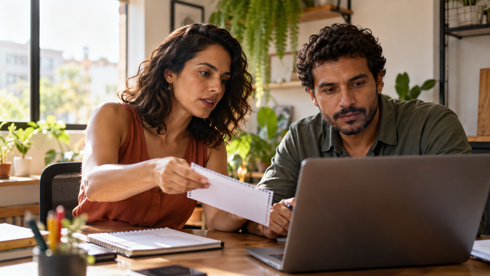 Duas colegas de um escritório conversando perto de um notebook, uma passando as informações do atendimento para a outra