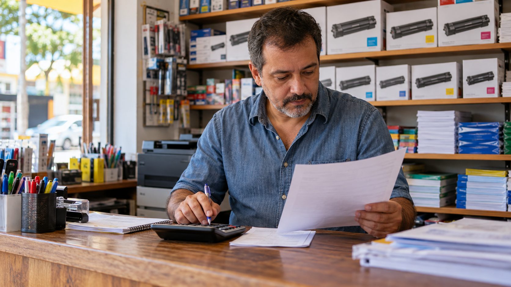 Dono de uma pequena loja de material de escritório analisando documentos ao lado de estoque de papel e cartuchos de impressora