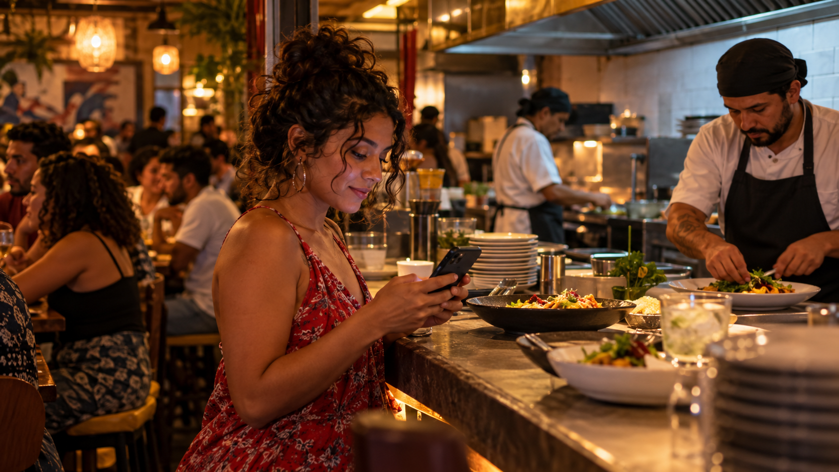 Atendente de restaurante conferindo mensagens no celular enquanto a cozinha trabalha no horário de movimento