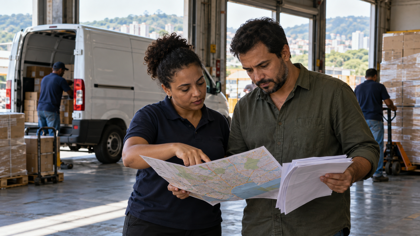 Dono e funcionário de uma pequena empresa conferindo rotas de entrega e papéis num galpão, com uma van ao fundo