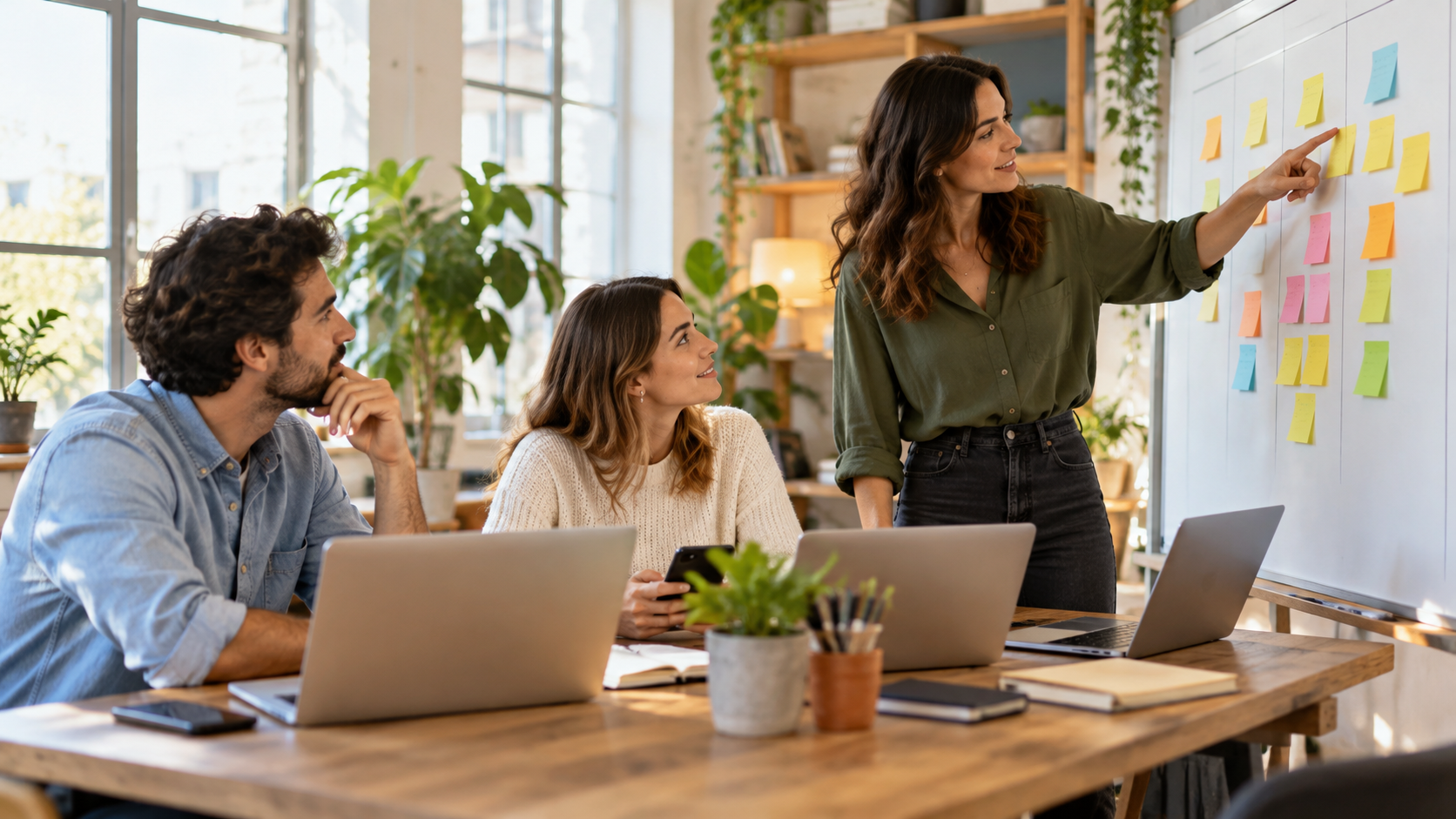 Equipe de três pessoas em um escritório organizando o atendimento ao cliente em um quadro com notas adesivas
