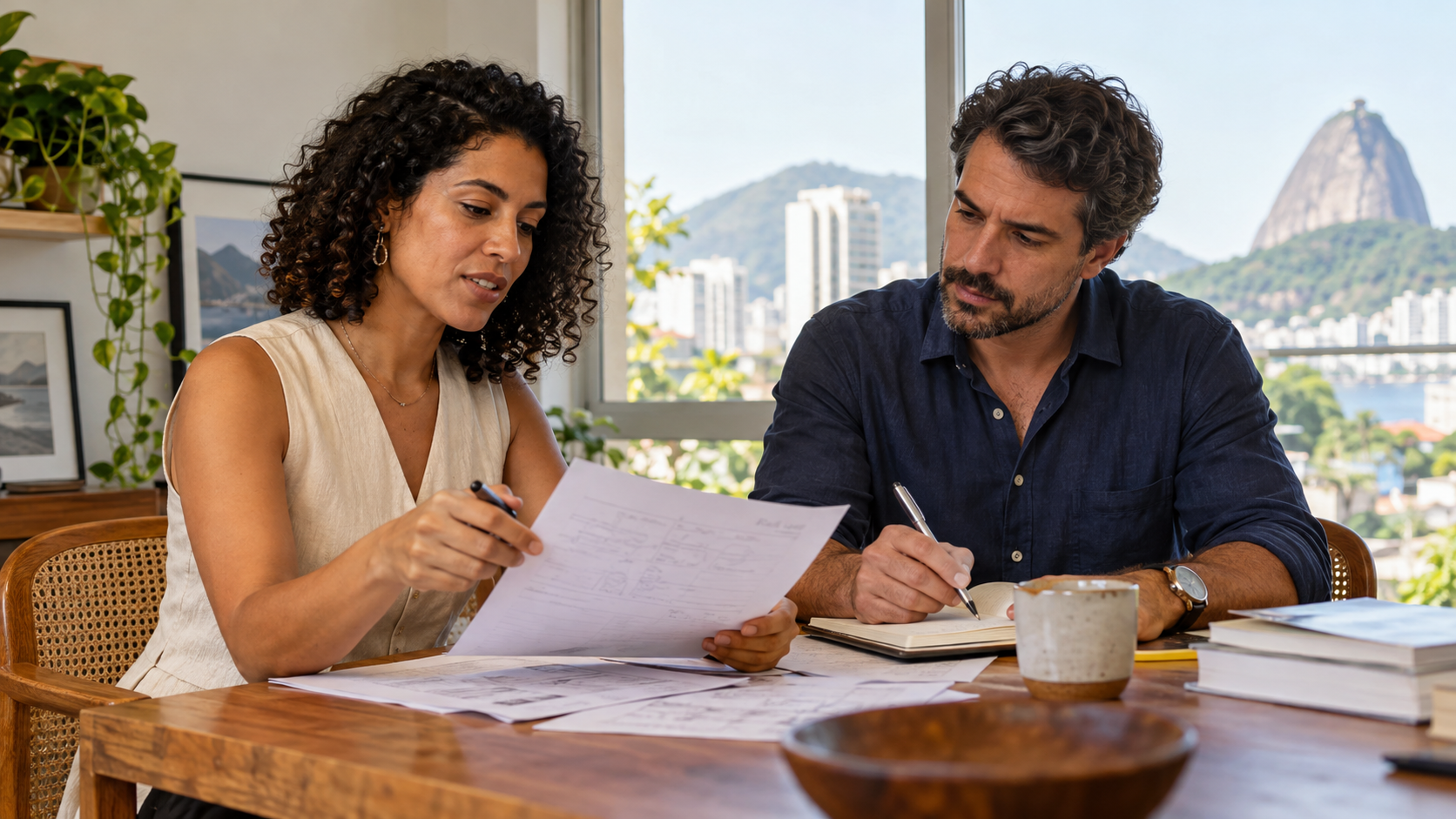 Duas pessoas de uma pequena empresa analisando documentos e anotações sobre compras anteriores de um órgão público numa mesa de escritório.