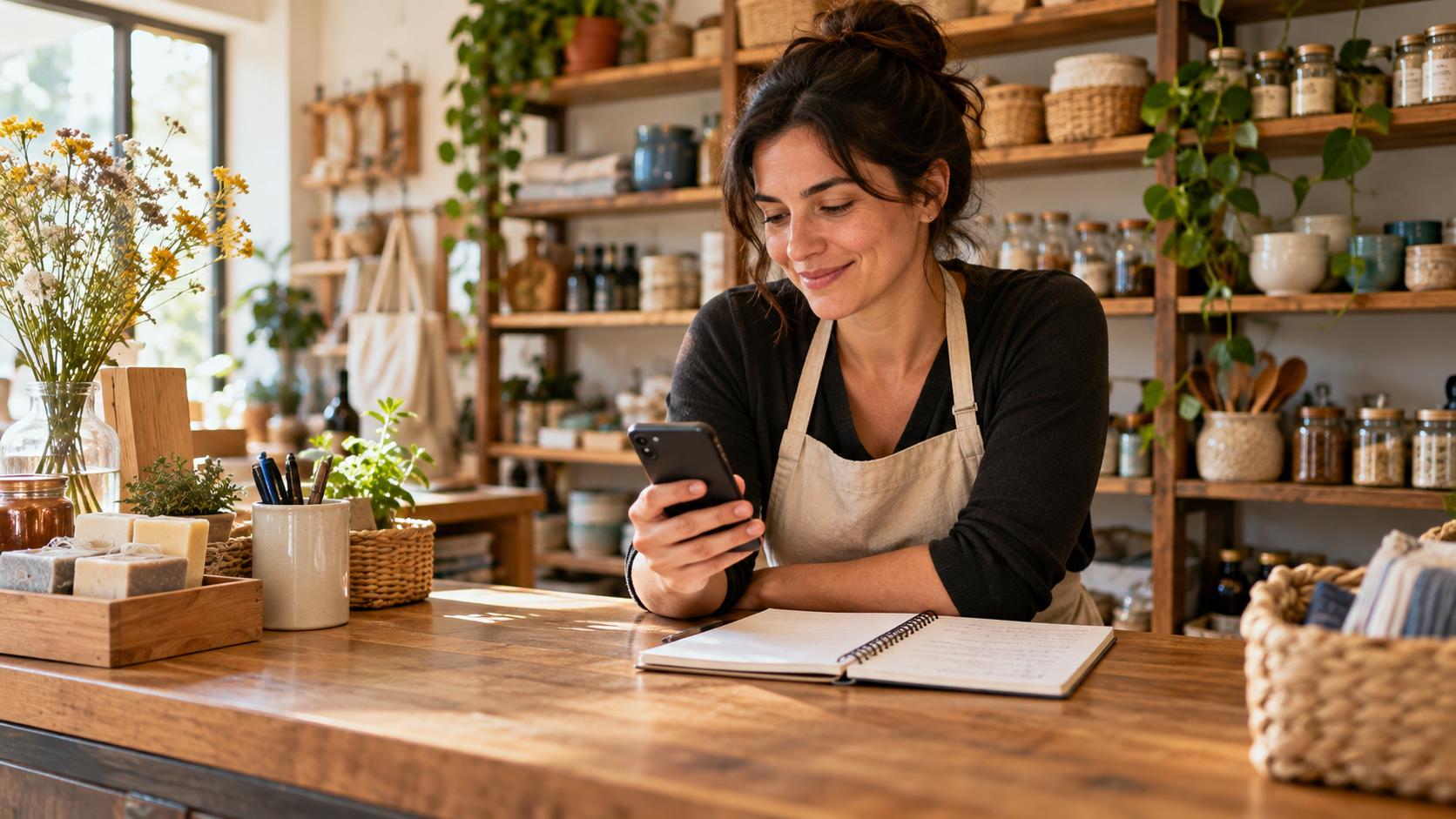 Dona de pequena loja no balcão, com o celular na mão e um caderno com a lista de clientes ao lado, planejando o envio de mensagens.