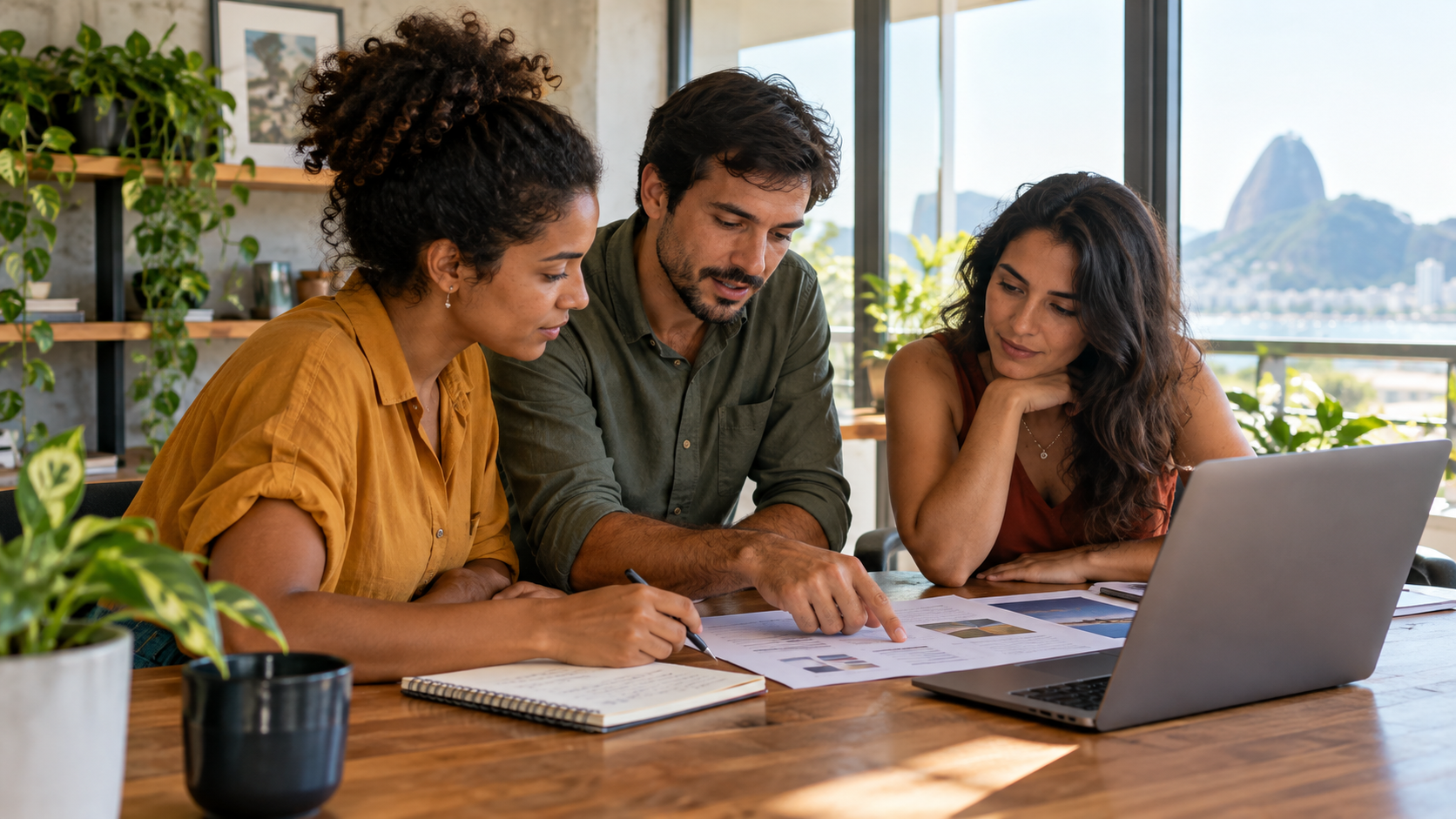 Equipe de uma pequena empresa reunida em uma mesa com documentos impressos e um notebook, analisando oportunidades de licitação